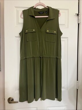 Susan Graver Olive Green Sleeveless Shirt Dress with Gold Buttons